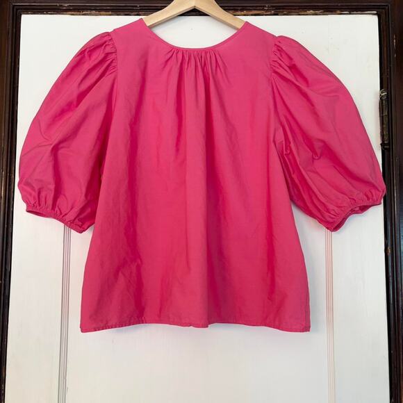 Handmade Reversible Fuchsia Pink Cotton Tie Puff Sleeve Top— Size Large - Picture 2 of 4